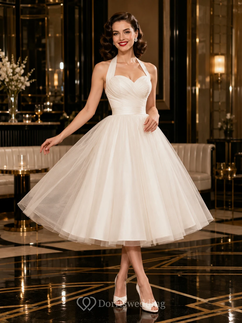 Retro Halter Tulle Tea Length Ballroom Bridal Dress