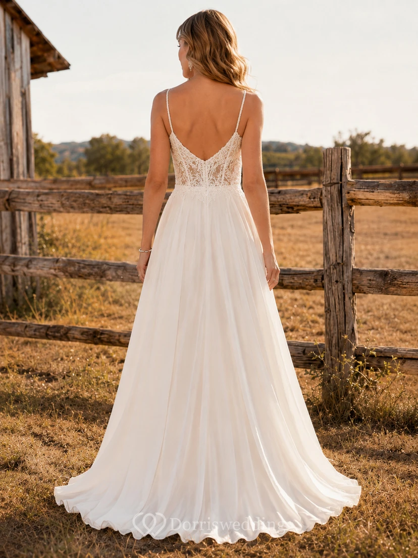 Western Country Simple Romantic A-Line Lace Chiffon Wedding Dress with Sweetheart Spaghetti Straps Sleeveless Floor-Length Train Split Skirt Low Back view 2