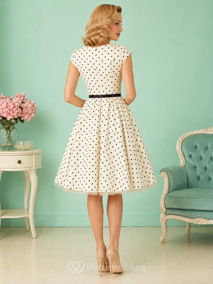 Vestido de cóctel vintage de los años 50, de satén, color crema, con estampado de lunares, escote corazón, mangas cortas, corte en A y largo hasta la rodilla. view 2