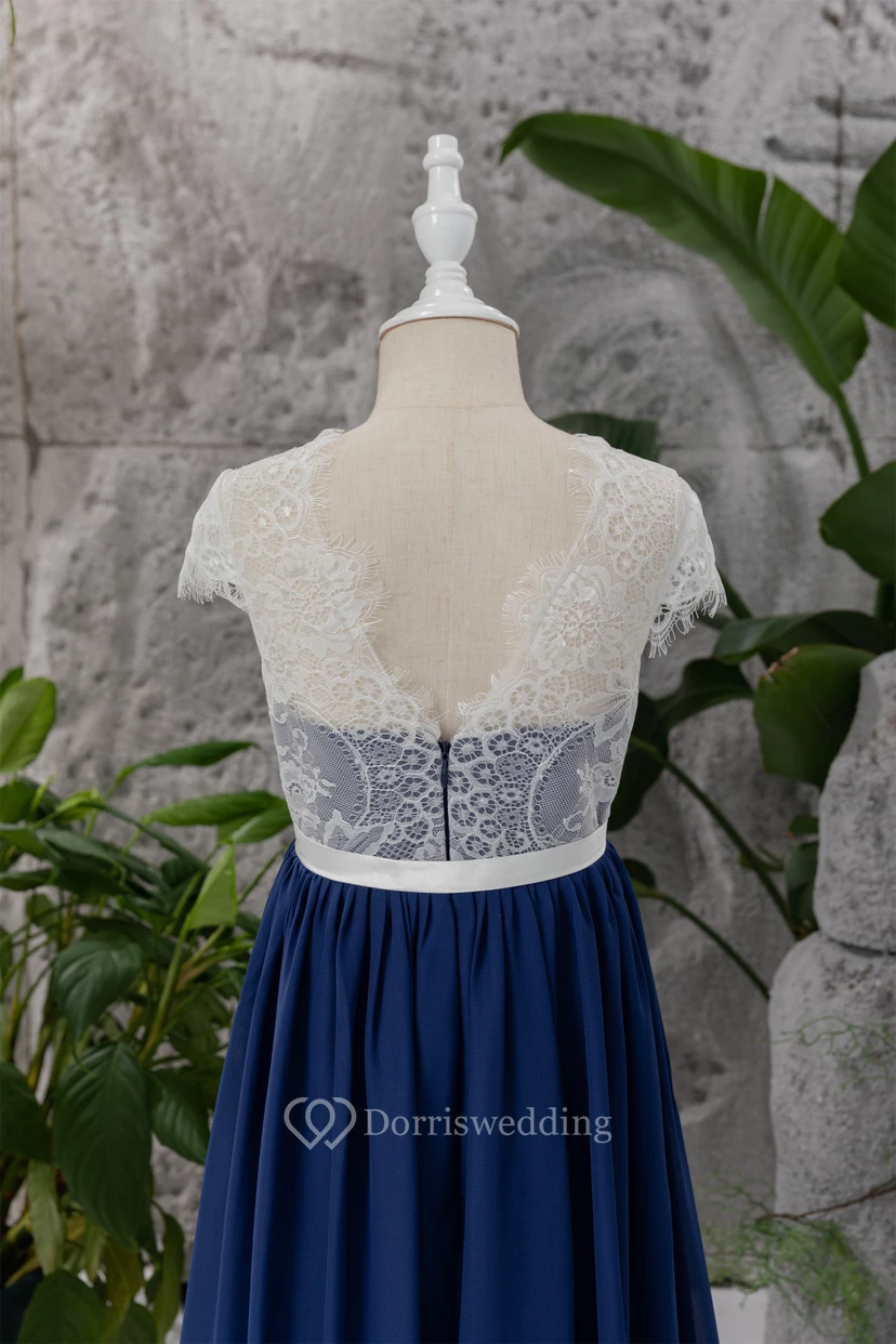 Lace Scoop-neck Cap Two-Tone Dark Blue Flowergirl Dress view 8