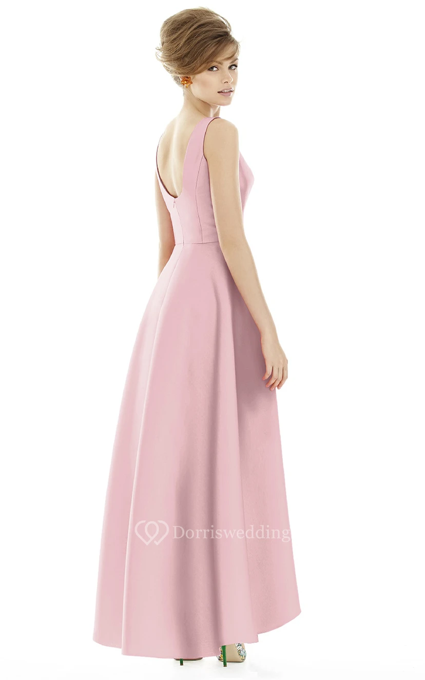 High-Low Jewel Sleeveless Satin Dress with V-Back and Ruching view 2