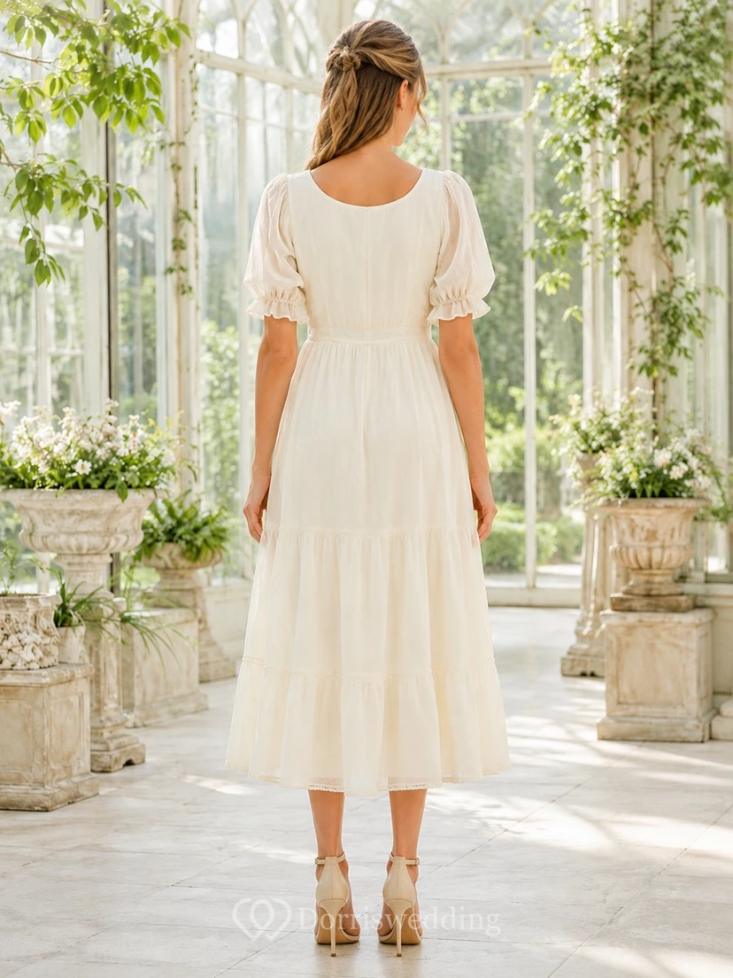 Teelanges Vintage-Kleid in Elfenbein mit Rundhalsausschnitt, Puffärmeln und A-Linien-Schnitt view 2