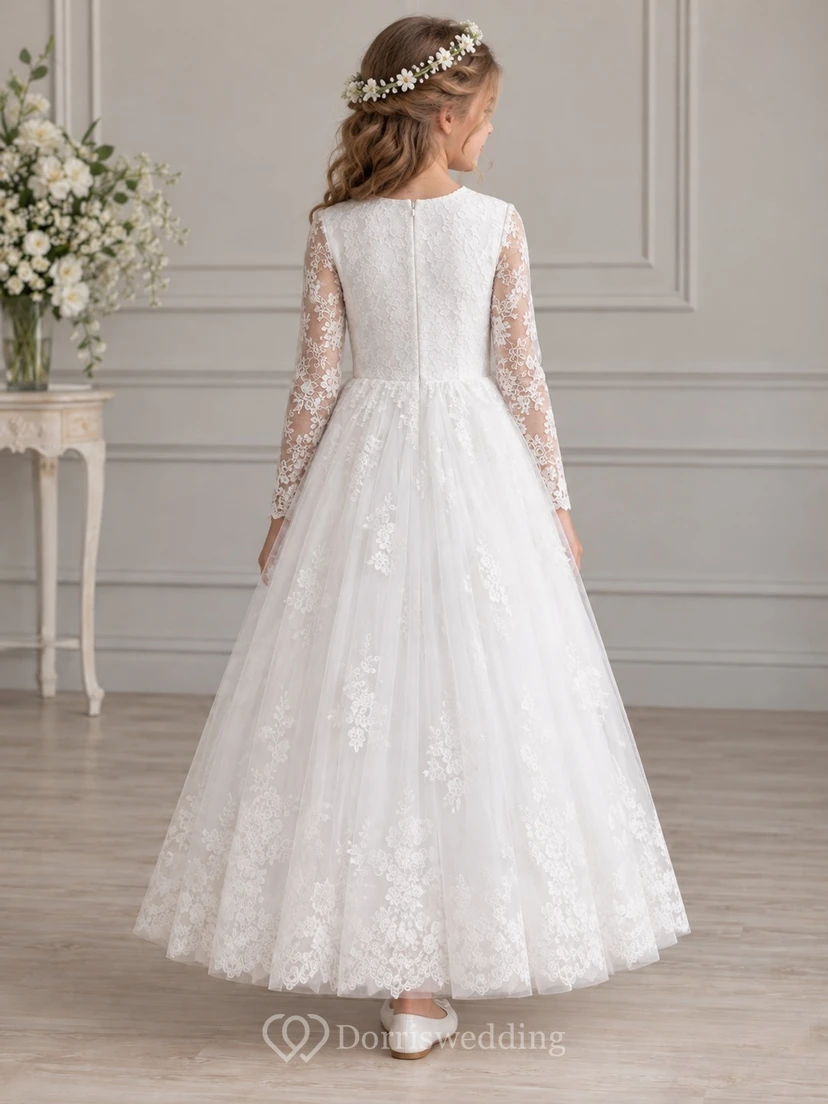 Modest White Ankle-length Jewel Neck Long Sleeve Floral Lace Communion Dress view 2