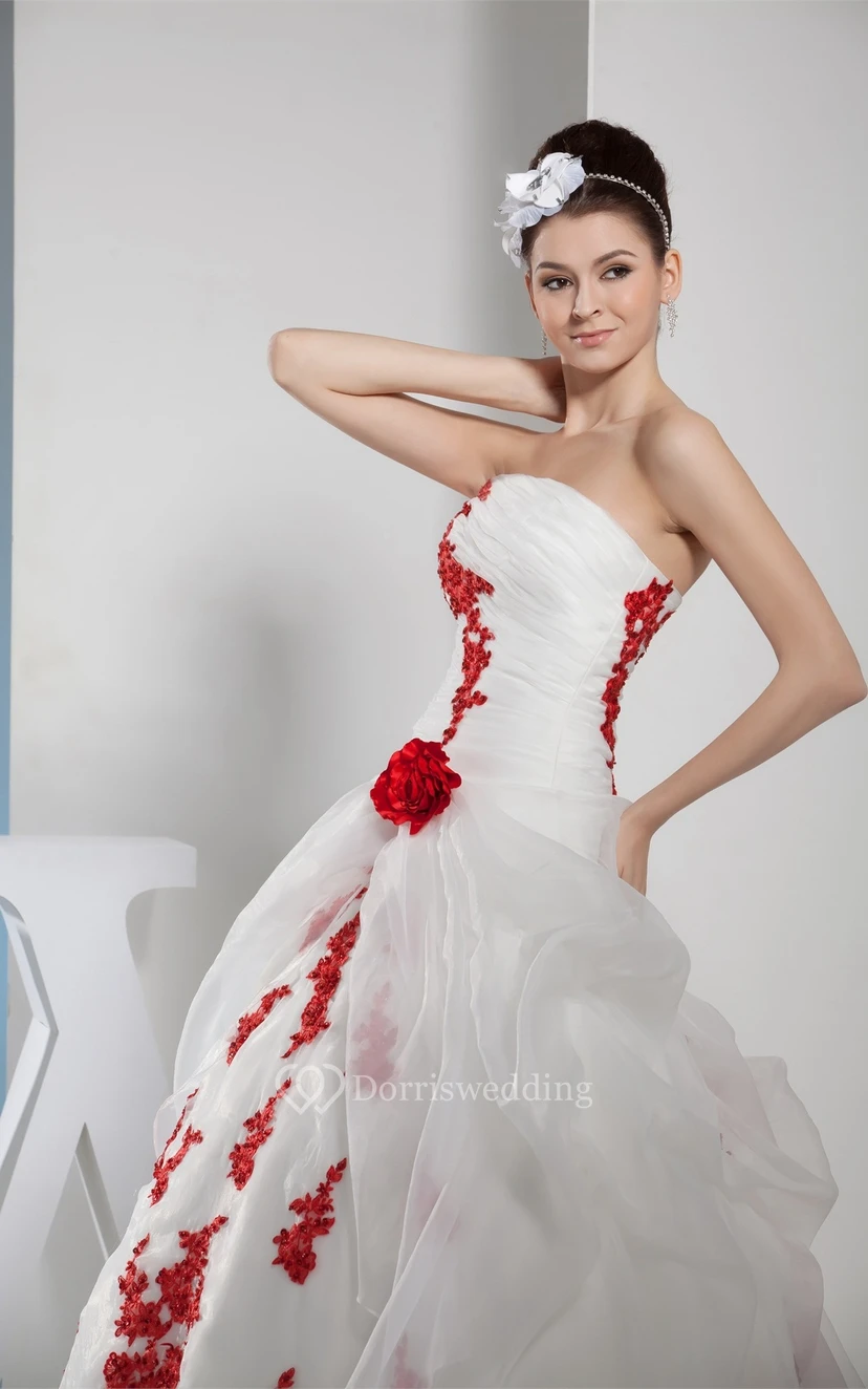Two-Tone Ruched Tulle Sleeveless Appliques and Ball-Gown With Flower view 4