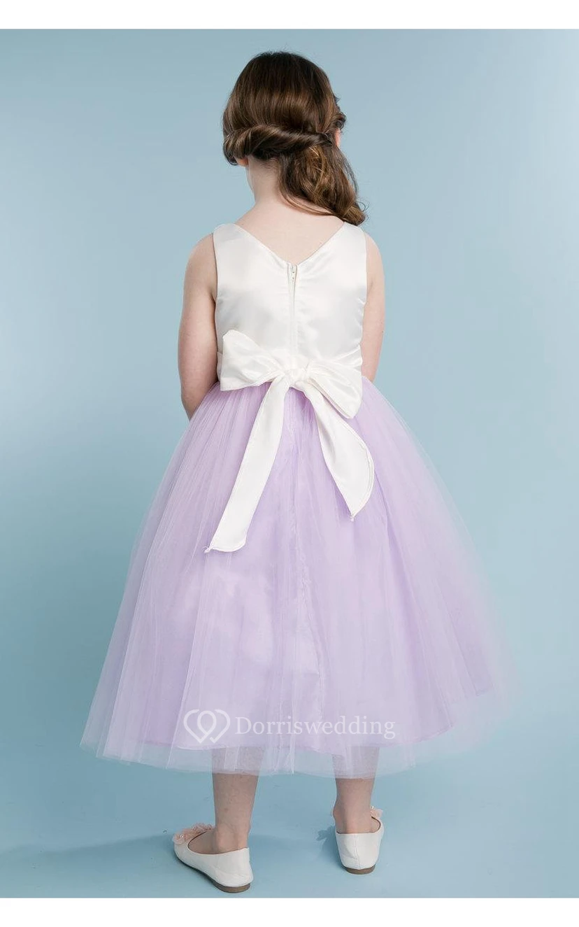 Scoop Neckline Sleeveless A-line Tulle Ankle Length Dress With Flower view 3