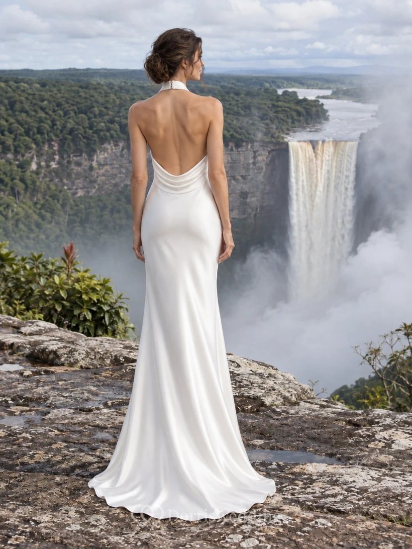 Vestido de novia de satén con escote halter, corpiño drapeado y falda larga ajustada. view 2