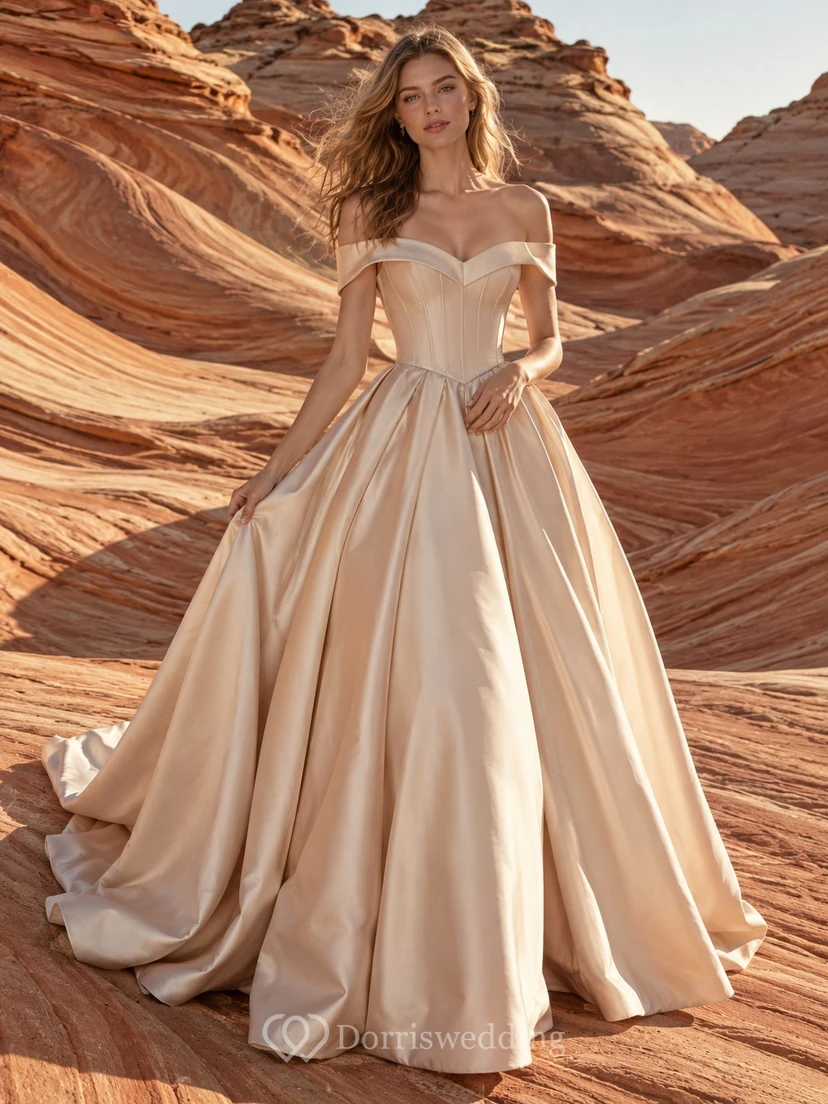 Vestido de novia largo de satén plisado con escote corazón y hombros descubiertos, color champán.