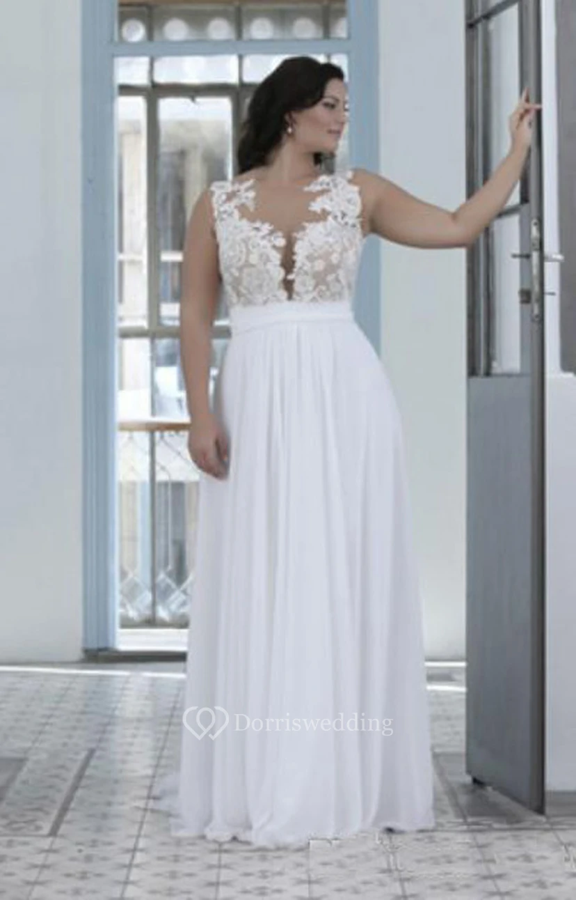 Vestido de novia de talla grande de alta calidad con escote barco transparente y top de encaje, corte en A y escote corazón.