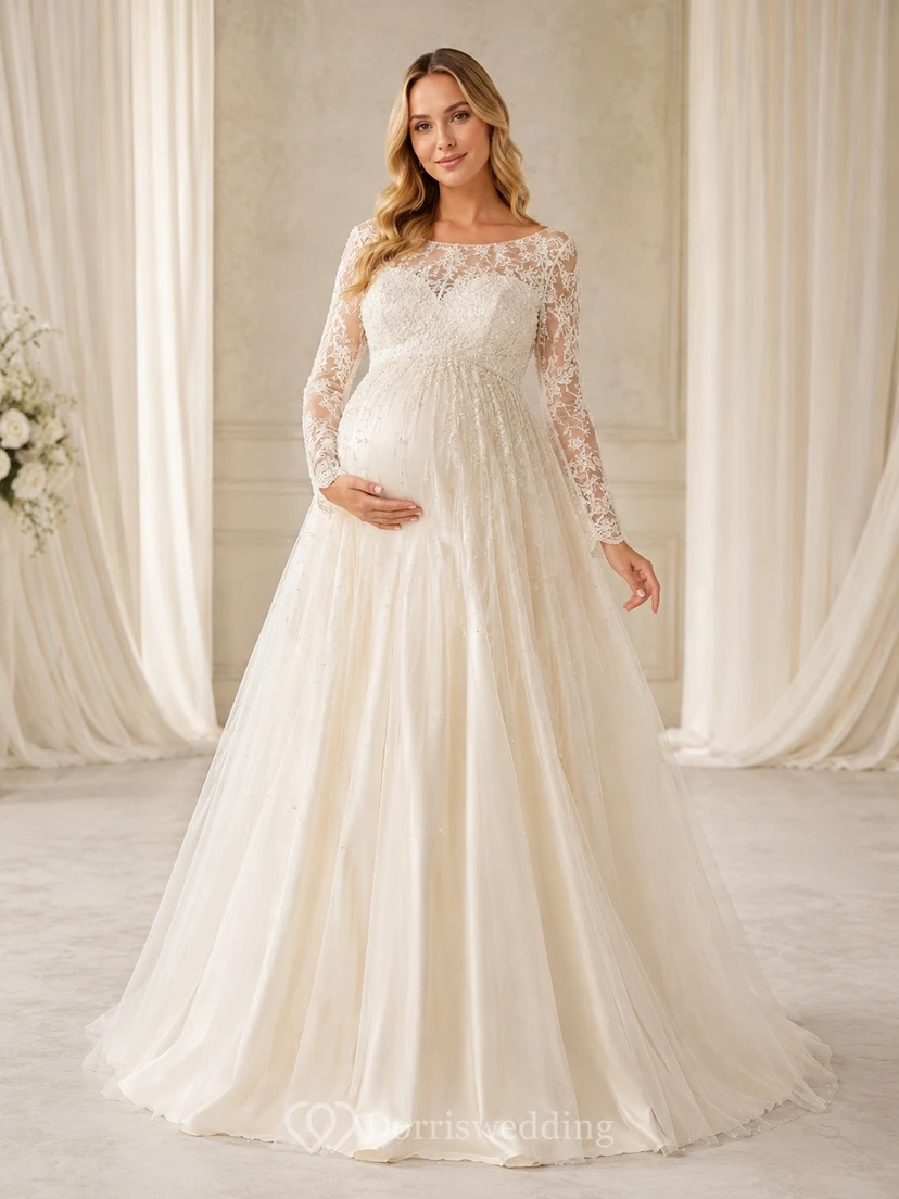 Vestido de novia romántico de manga larga con encaje y tul, estilo princesa, ideal para embarazadas y novias.