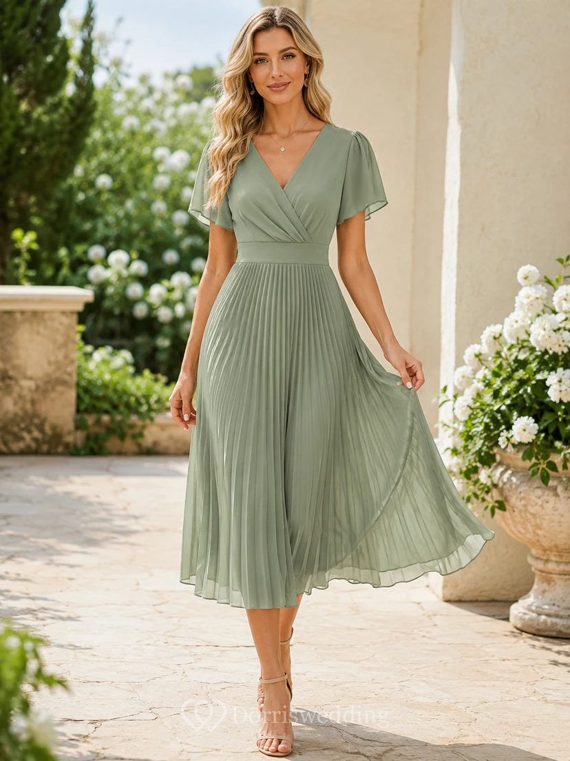 Meadow Pleat Celadon A-Line Tea-Length V-Neck Short-Sleeve Chiffon Elegant Guest Dress