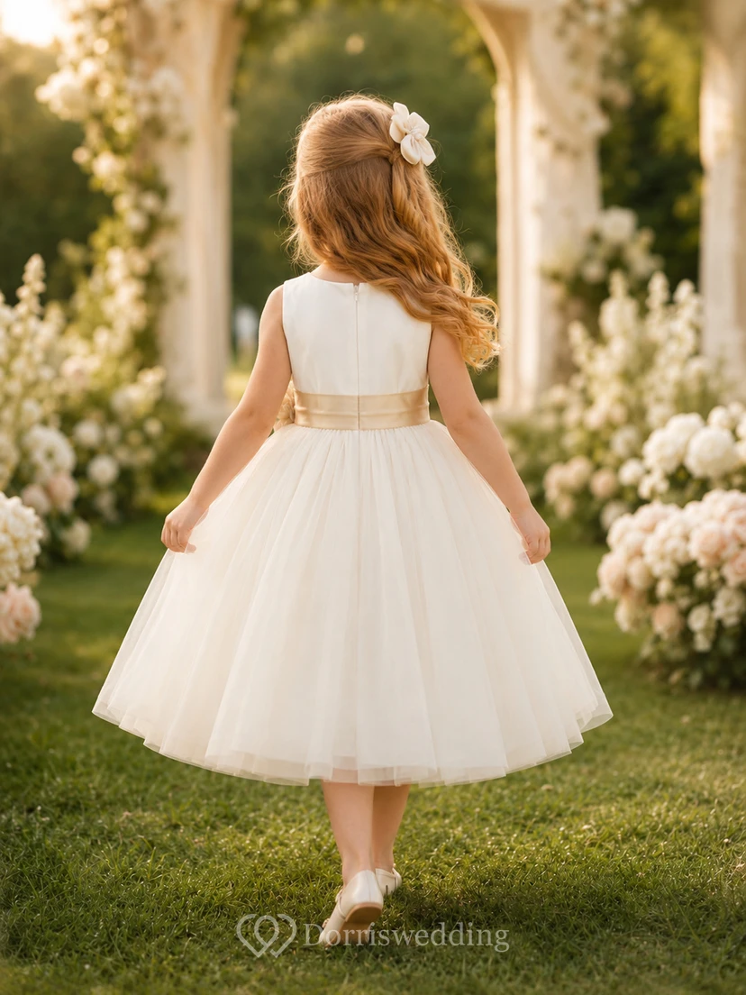 Klassisches A-Linien-Kleid aus Tüllspitze für Blumenmädchen mit kurzen Ärmeln, Rundhalsausschnitt, wadenlangem Rock und Schleifendetail. view 2