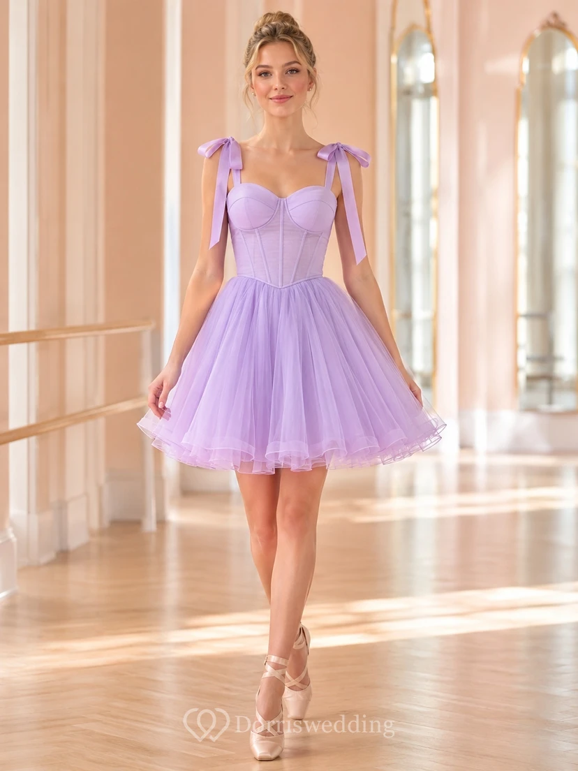 Robe de cocktail de bal de promo adorable en tulle lavande, décolleté cœur, coupe trapèze, nœud papillon court