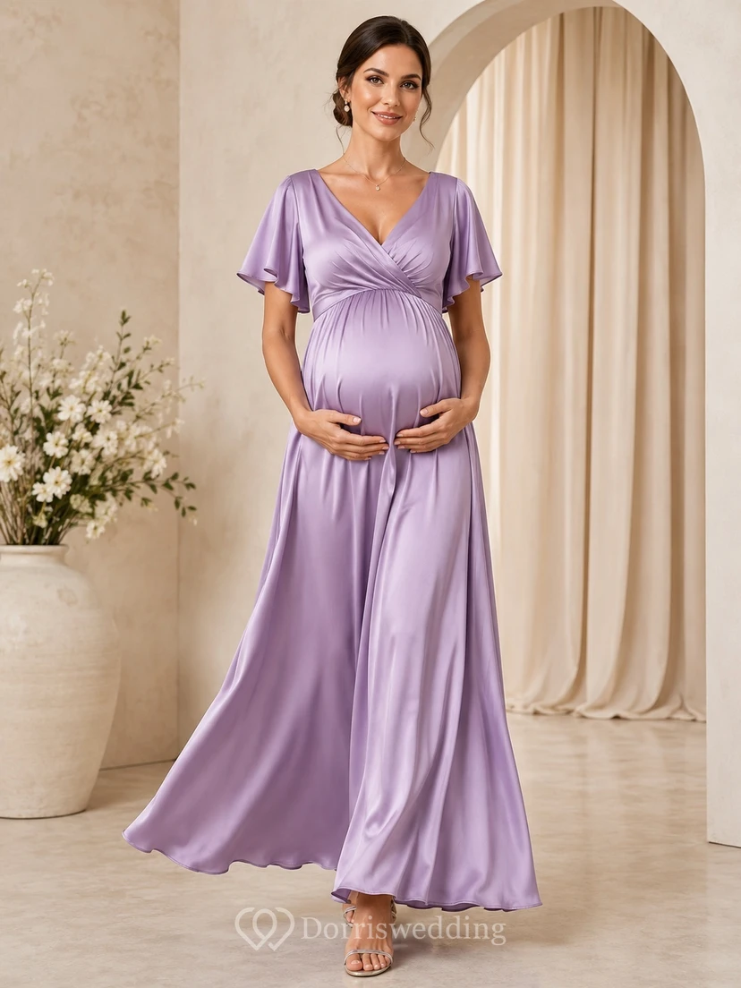 Maternity Lilac V-Neck Flutter Sleeve Satin Empire Ankle-Length A-Line Formal Dress