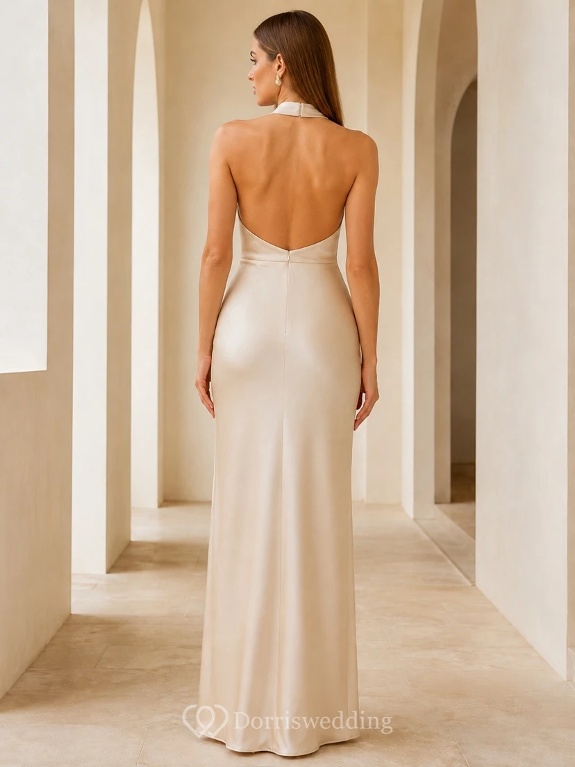 Simple Sheath Halter Sexy Cowl Backless Champagne Formal Evening Dress view 2