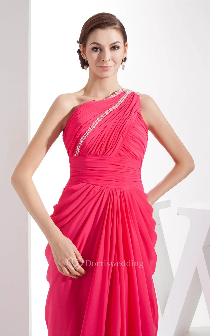 One-Shoulder Jeweled Chiffon Sweep Train and Dress With Central Ruching view 6