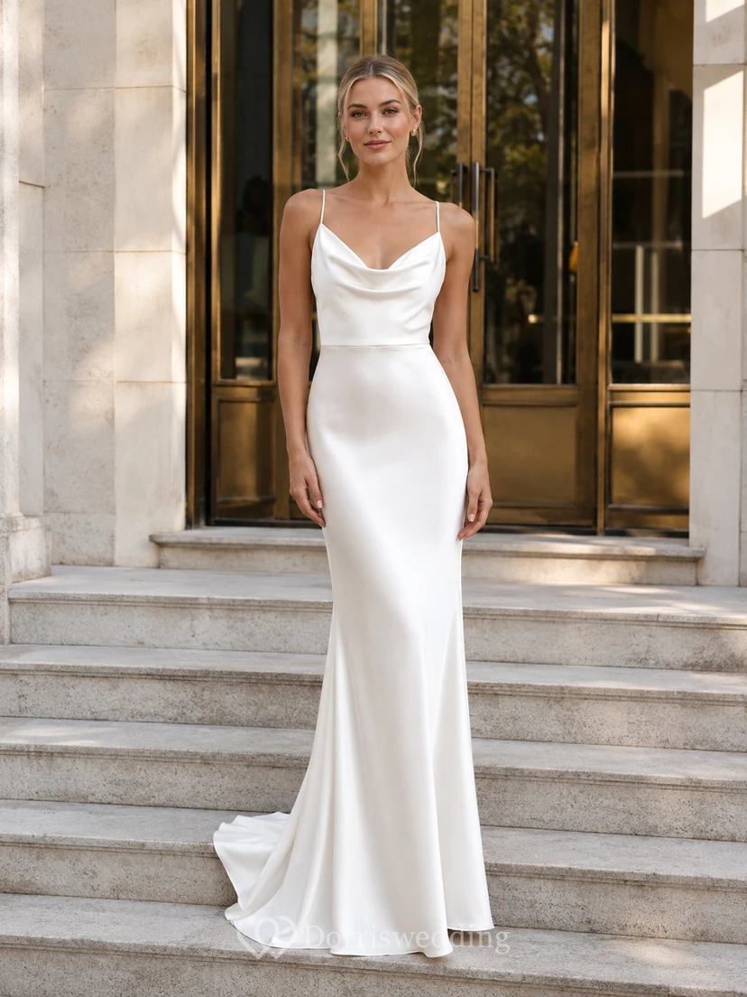 Cowl Neck Satin Sheath Civil Wedding Bridal Dress