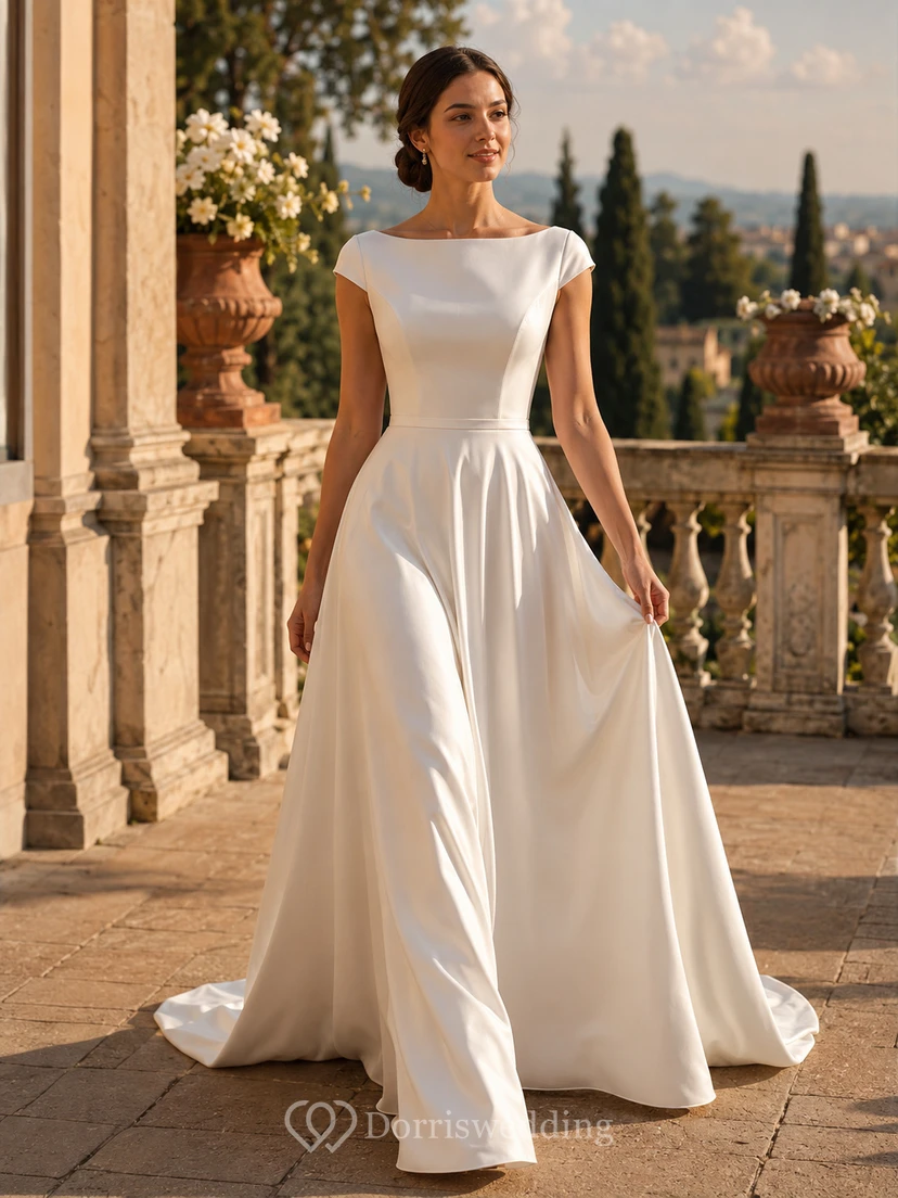 Ballkleid im europäischen Stil mit U-Boot-Ausschnitt, Satin, Balkonkleid für eine heimliche Hochzeit
