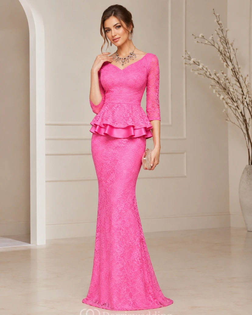 Scoop Neck 3-4 Sleeve Mermaid Lace Gown With Slit And Peplum