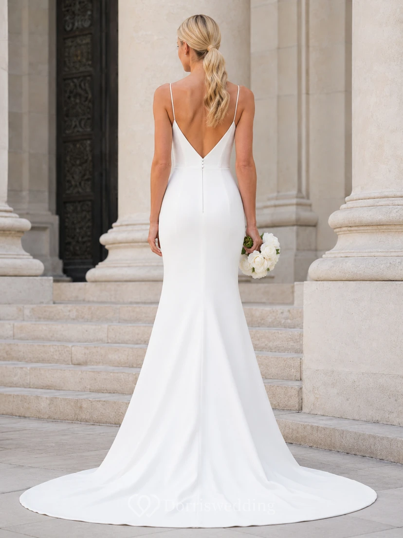 Robe de mariée sirène minimaliste en satin à fines bretelles spaghetti et décolleté en V, avec traîne. view 2