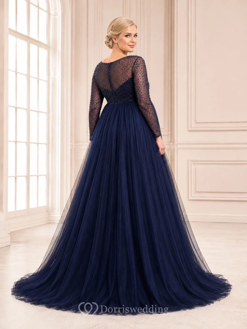 Navy Maternity Ball Gown Floor-Length Bateau Long-Sleeve Tulle Modest Dress view 2
