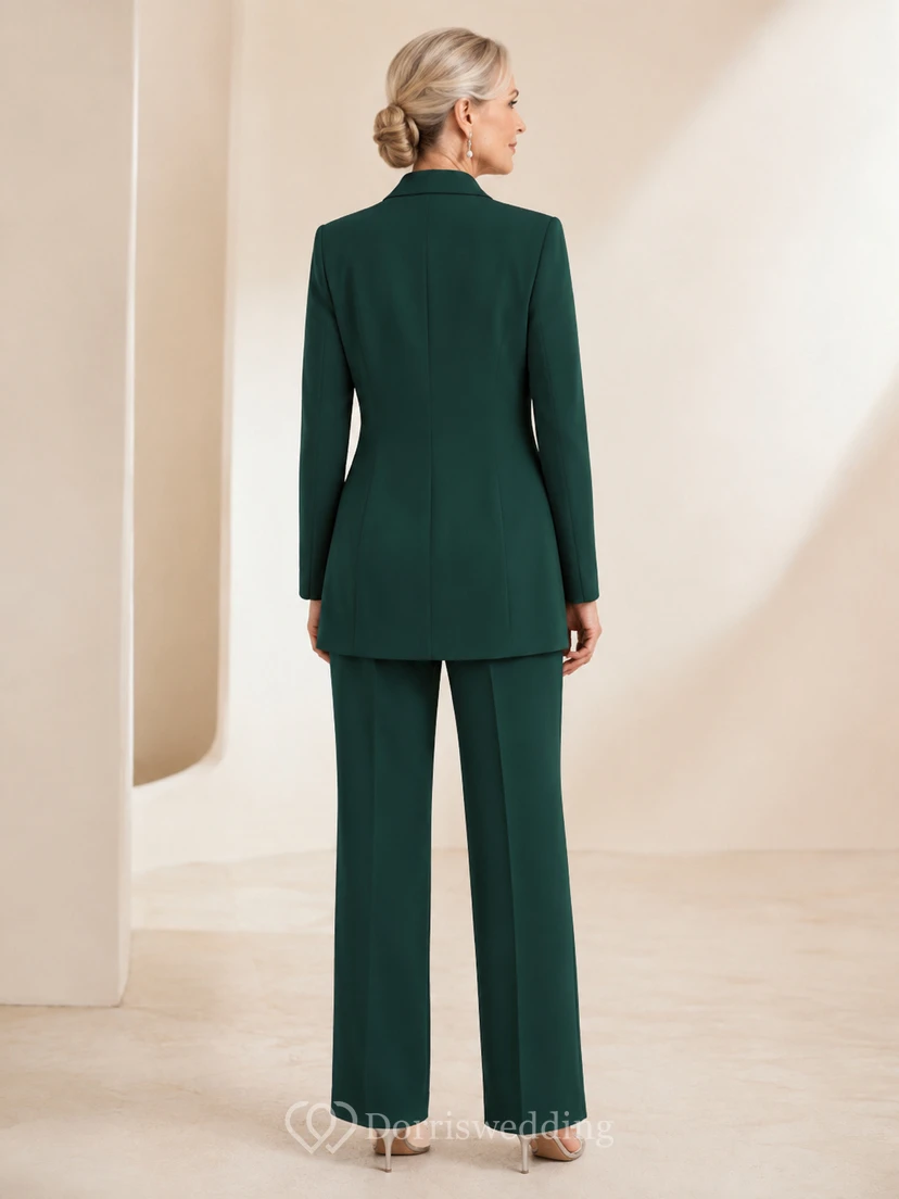Dark Green Mother Jumpsuit with Jewel Neck Long Blazer Jacket and Straight Leg Pants view 2