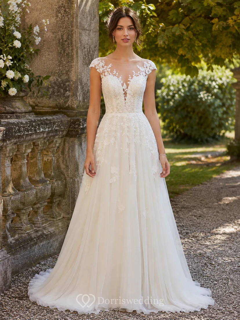 Robe de mariée trapèze à manches illusion et traîne en tulle