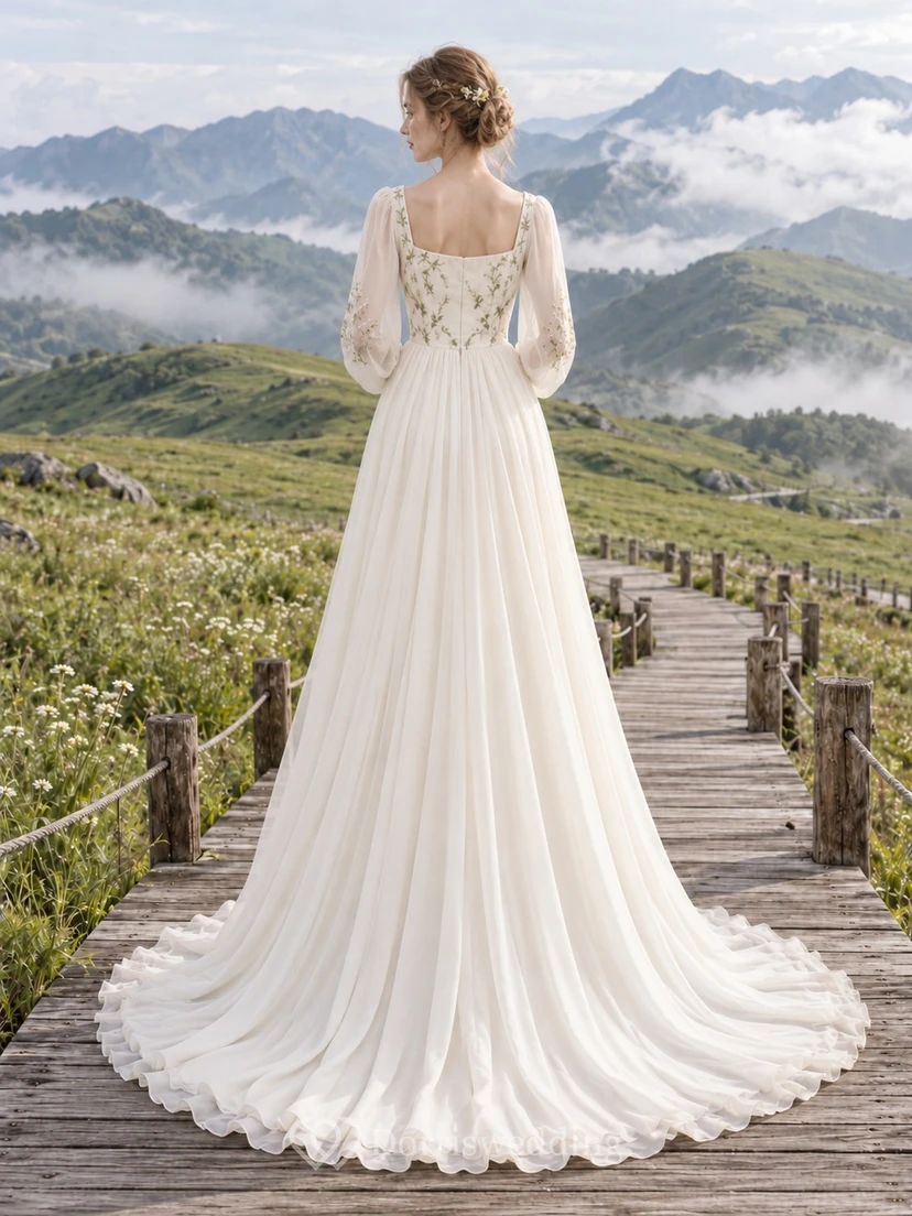 Country Square Neck Long Sleeve Floral Bodice A Line Bridal Gown view 2