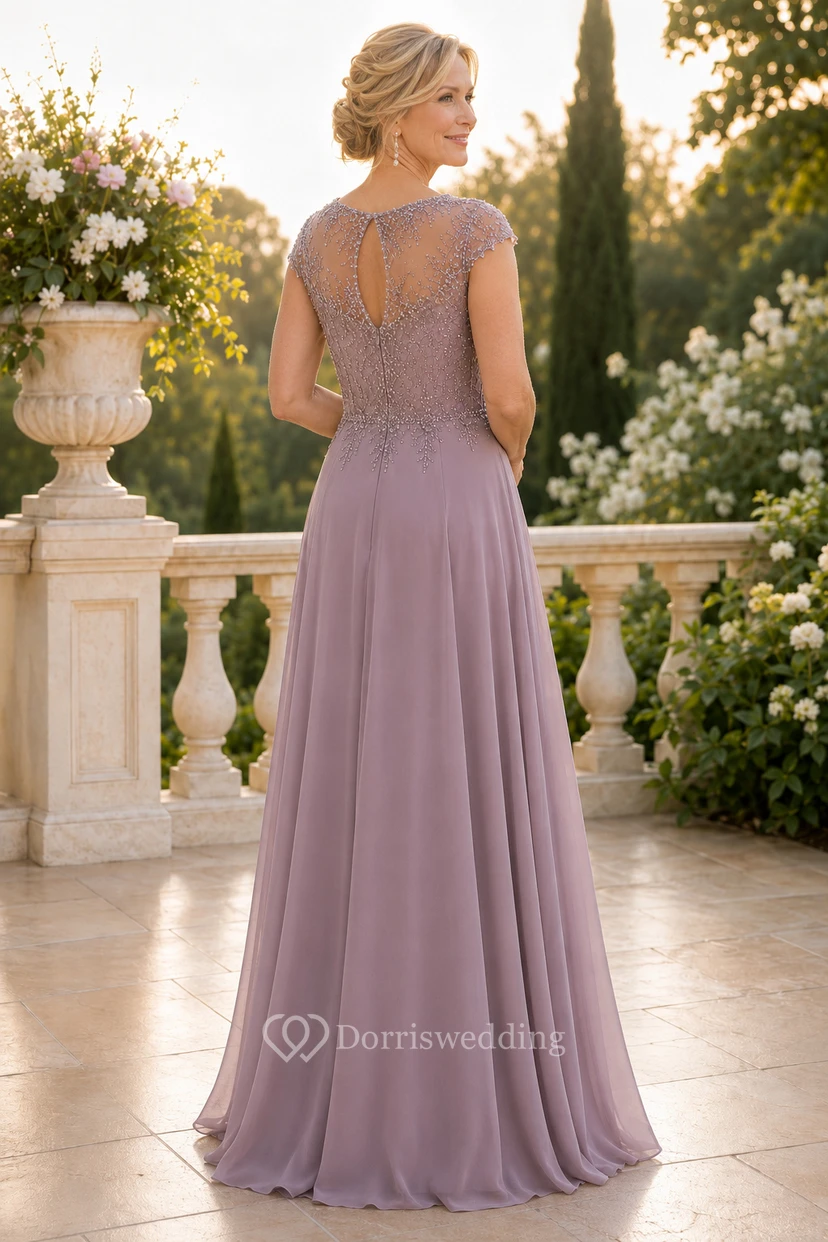 Lila Chiffon-Kleid in A-Linie mit perlenbesetztem Oberteil view 2
