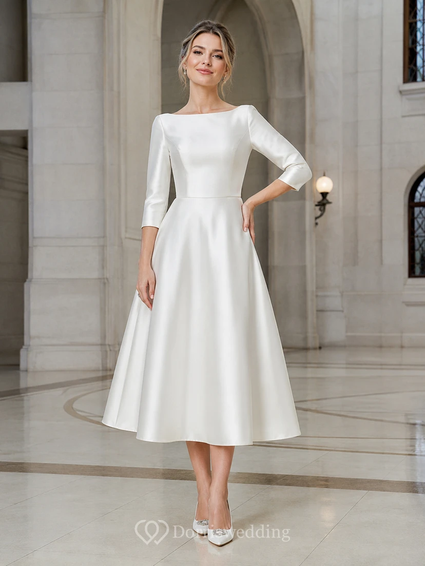 Petite Bateau Three-Quarter Sleeve Satin A-Line Tea-Length Wedding Dress