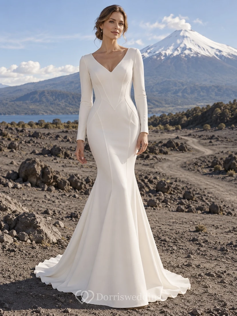 Vestido de novia de crepé de manga larga con escote en V, corte sirena, costuras princesa y cola.