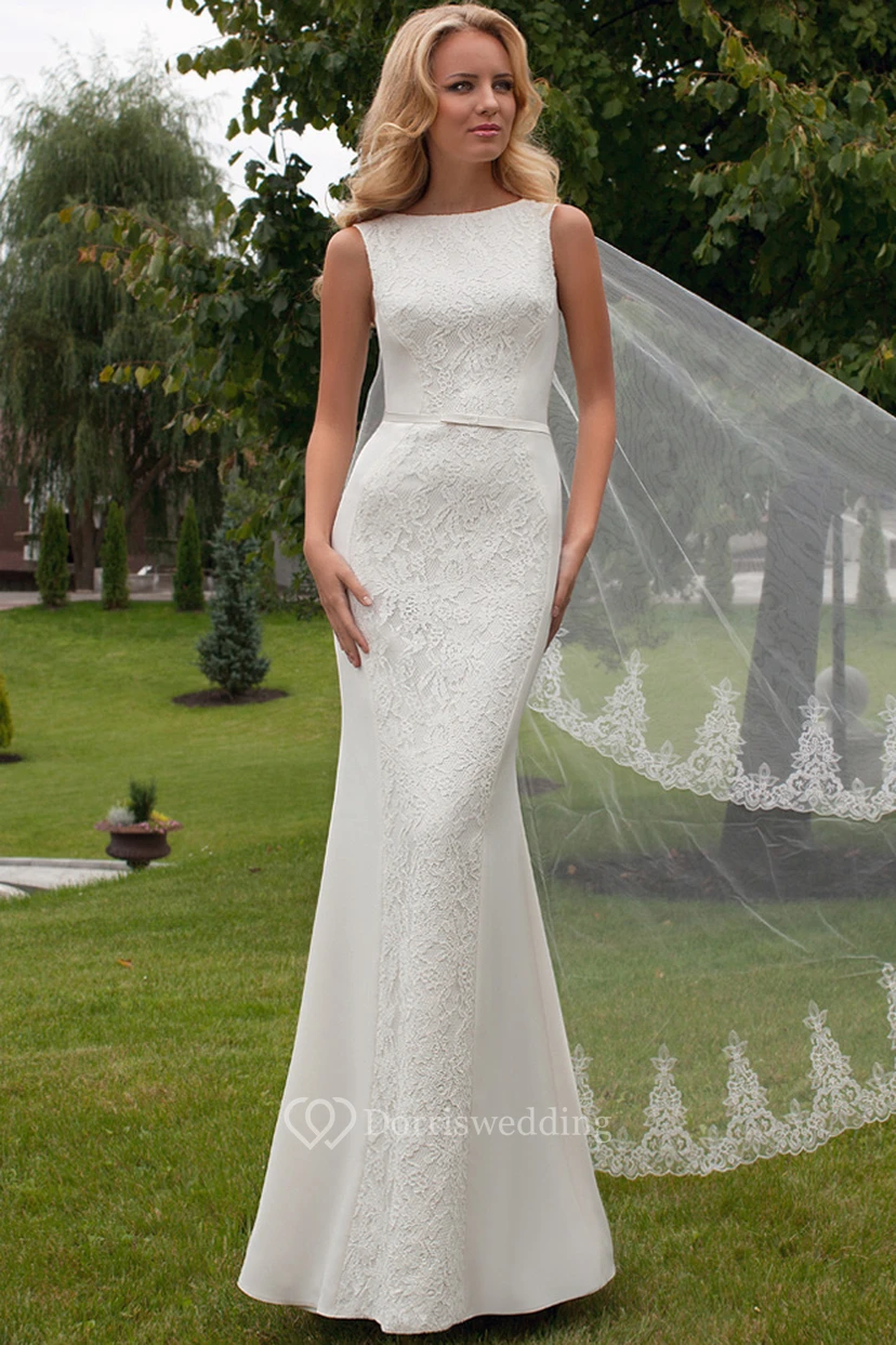 Vestido de novia largo hasta el suelo de encaje joya con espalda en V