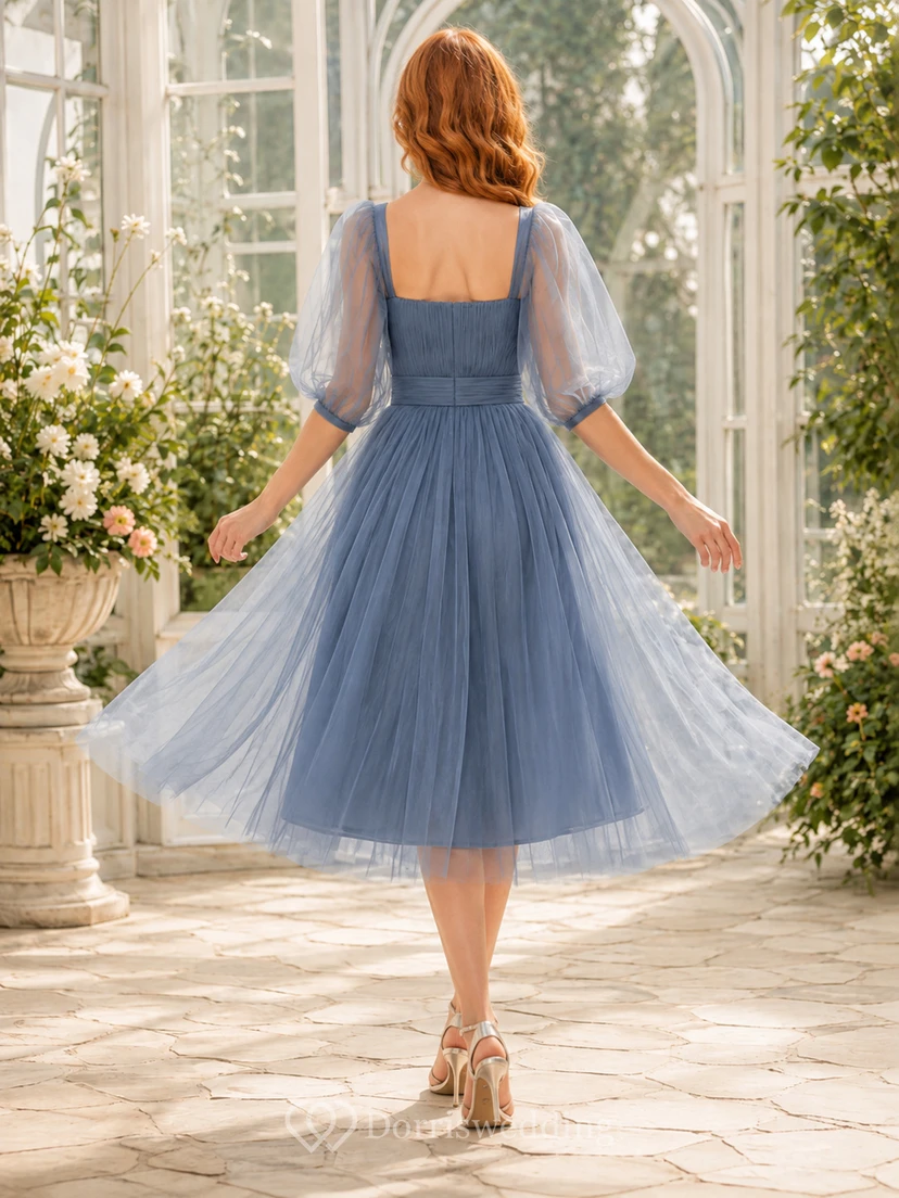 Steel Blue Square-Neck Puff-Sleeve Tulle A-Line Tea-Length Bridesmaid Dress Romantic view 2