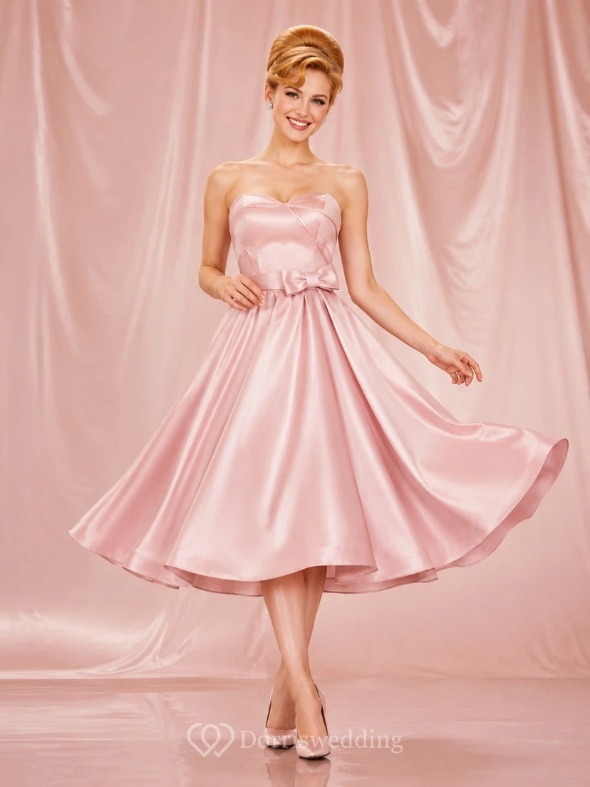 Teelanges, vintage-rosafarbenes, trägerloses A-Linien-Cocktailkleid aus Satin