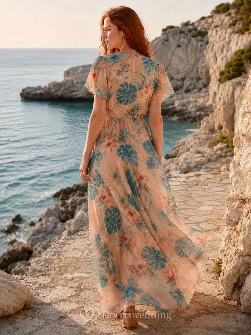 Peach Botanical V Neck Flutter Sleeve Chiffon Maxi Dress view 2