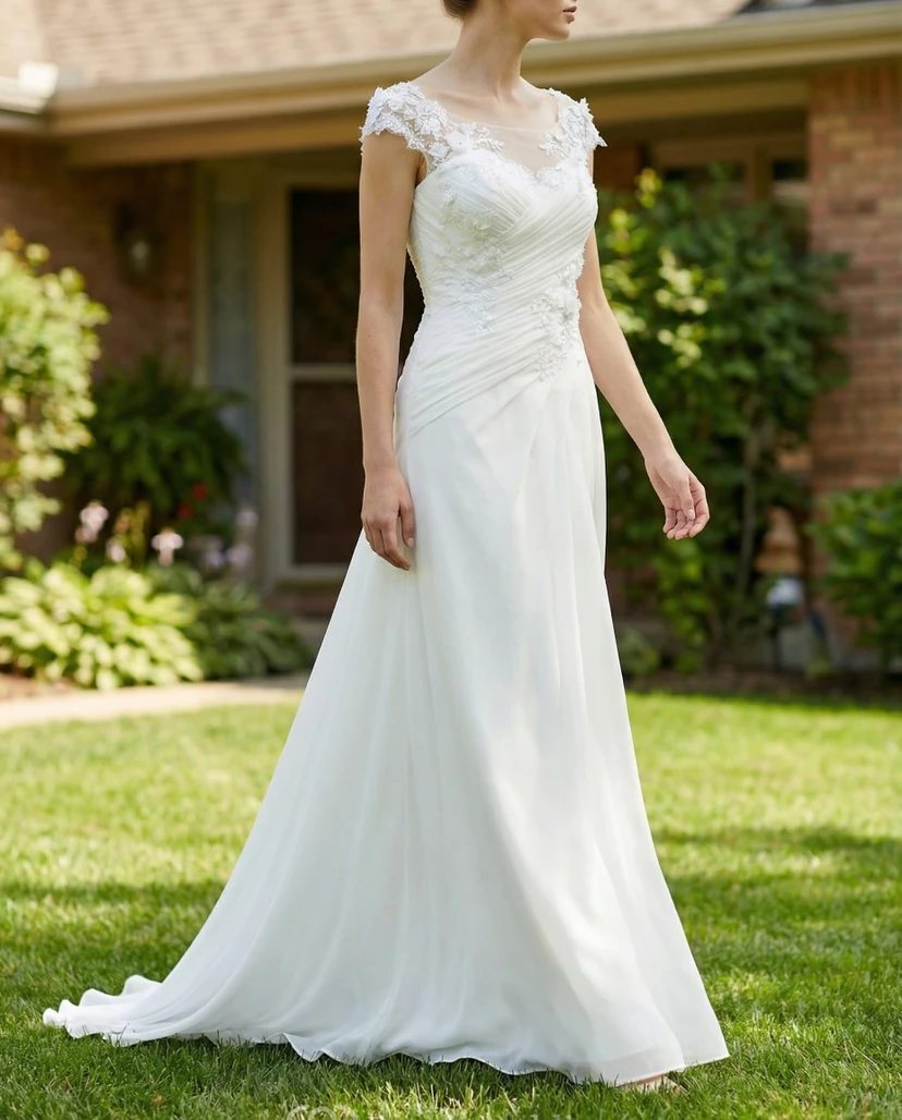 Vestido de gasa con escote redondo y apliques de encaje.