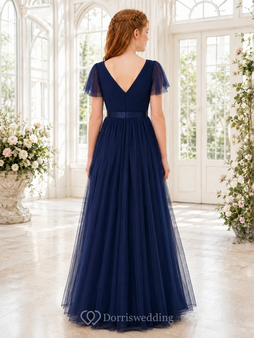 Dunkelblaues Brautjungfernkleid für junge Damen, A-Linie, V-Ausschnitt, kurze Ärmel, aus elegantem Chiffon mit Blütenblattmuster view 2