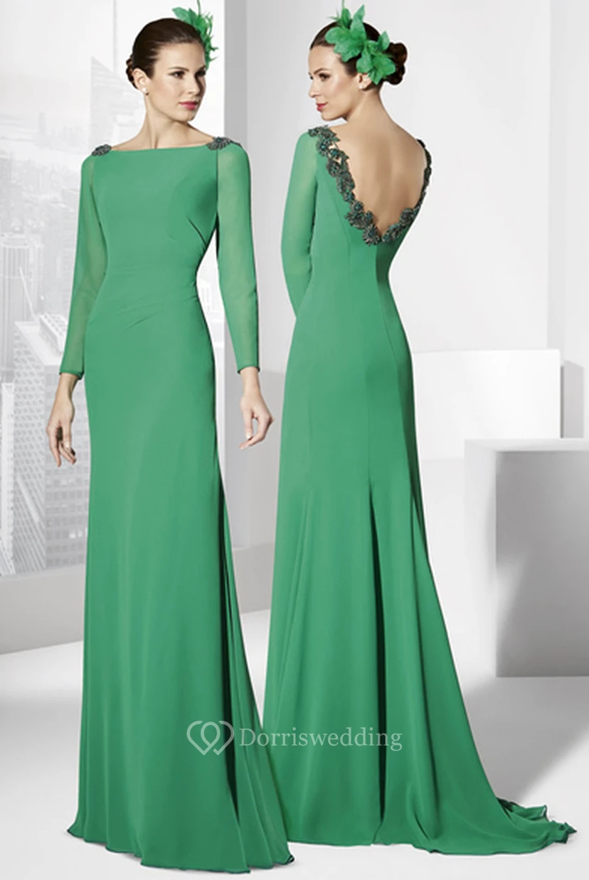 Langes, appliziertes Jersey-Abendkleid mit langen Ärmeln und Rundhalsausschnitt