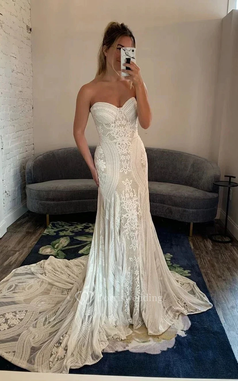 Boho-Hochzeitskleid im Meerjungfrauenstil mit Spitze, schulterfrei, Glockenärmeln und langen Ärmeln view 3