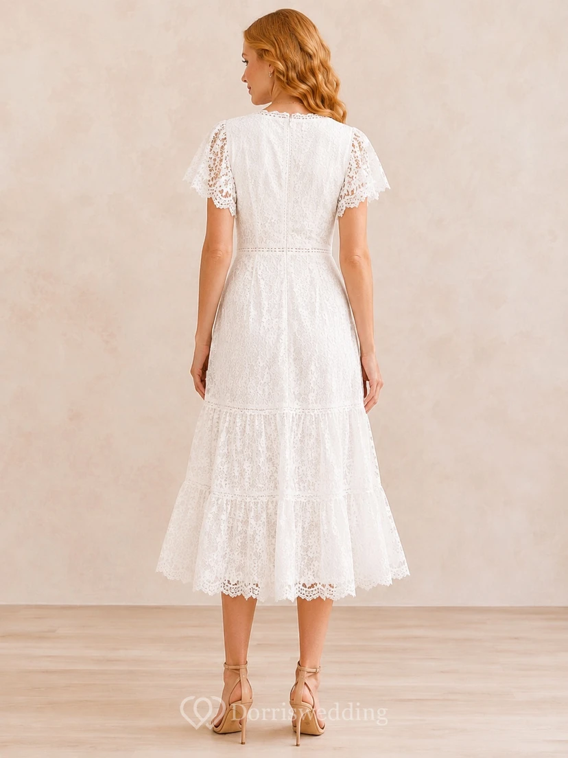 White Lace V-neck Puff Sleeve Pleated A-Line Tea-length Dress view 2