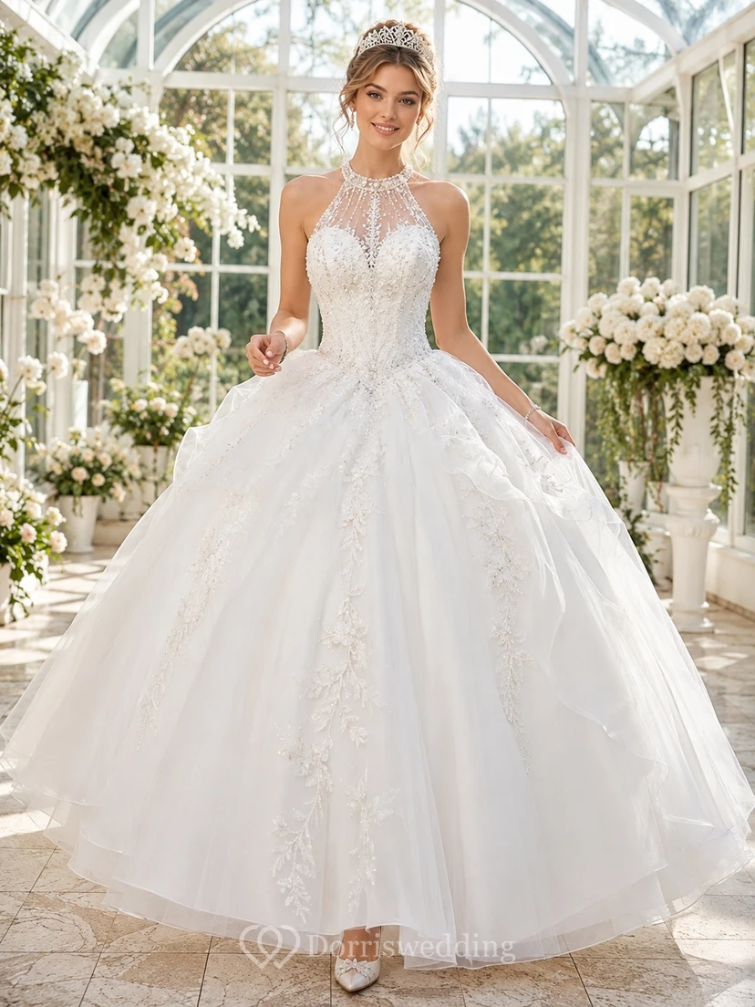 White Princess High Neck Halter Beaded Tulle High-Low Ball Gown Quinceanera Dress