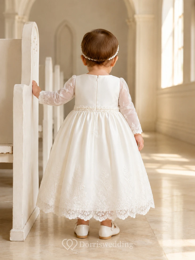 Pearl Waist Baby Christening A-Line Long Sleeve Tea-Length Dress Modest Elegant Adorable Tulle view 2