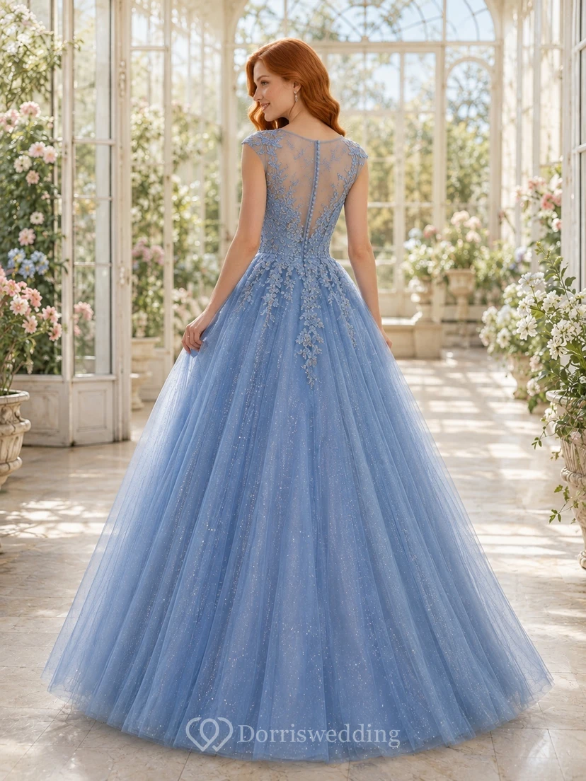 Sky Blue Tulle Lace V-Neck Cap Sleeve Ball Gown Floral Beaded Prom Dress view 2