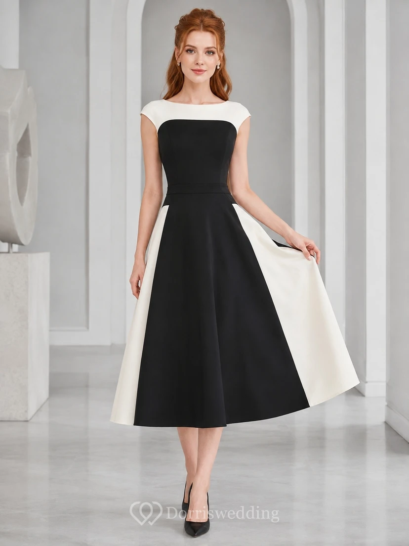 Schwarzes Vintage-Abendkleid in Teelänge mit weißen Flügelärmeln und A-Linien-Schnitt