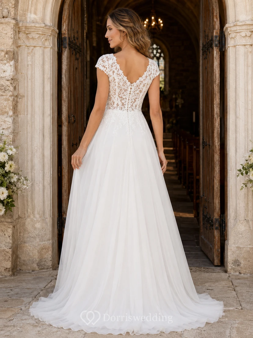 A-Linien-Brautkleid mit kurzen Ärmeln, Spitzenoberteil und Tüll view 2