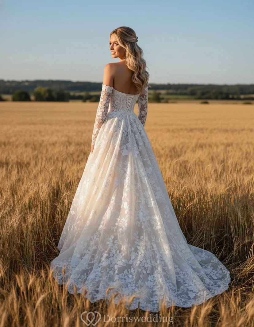 Vestido de novia romántico de corte A con encaje floral y hombros descubiertos, con corpiño tipo corsé. view 3