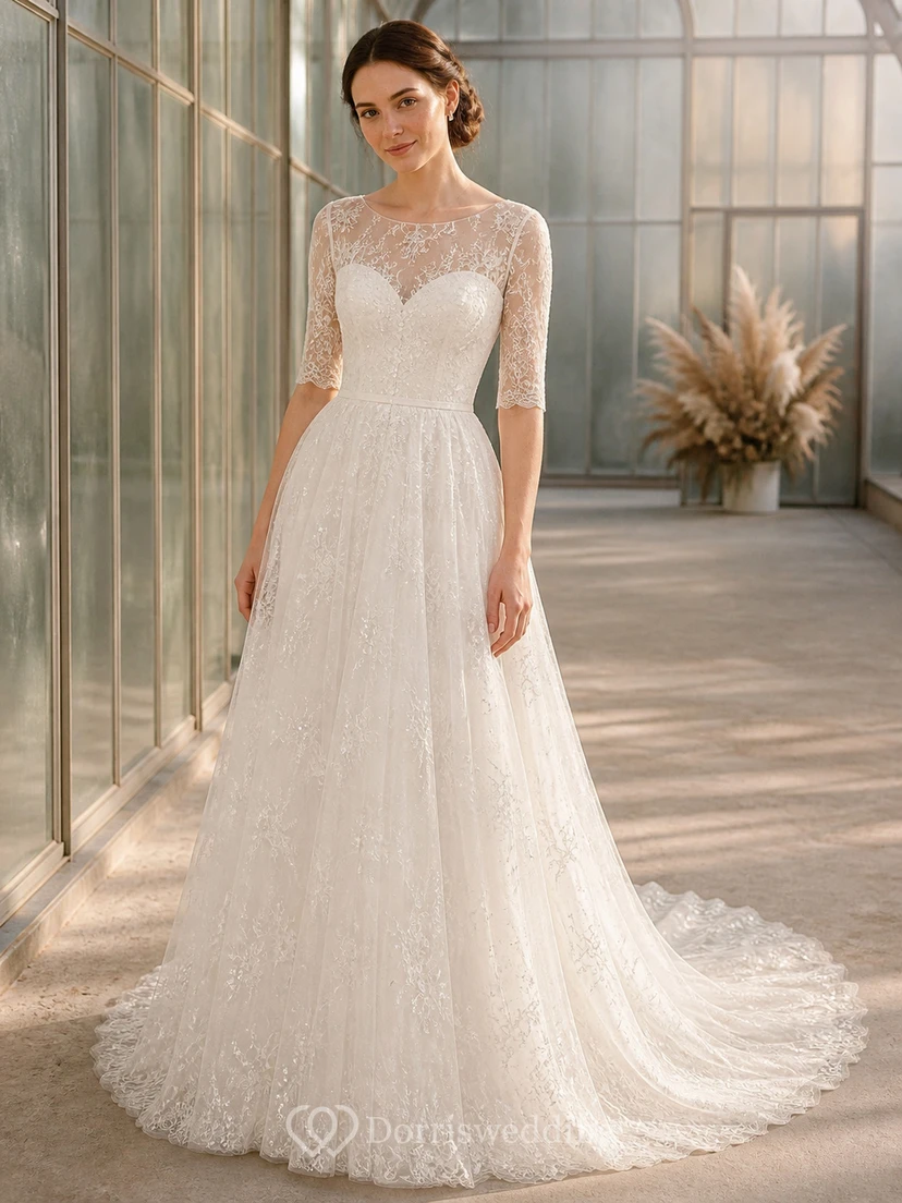 Vestido de novia modesto de corte A con mangas tres cuartos, escote barco, encaje floral con plumas y cola de capilla