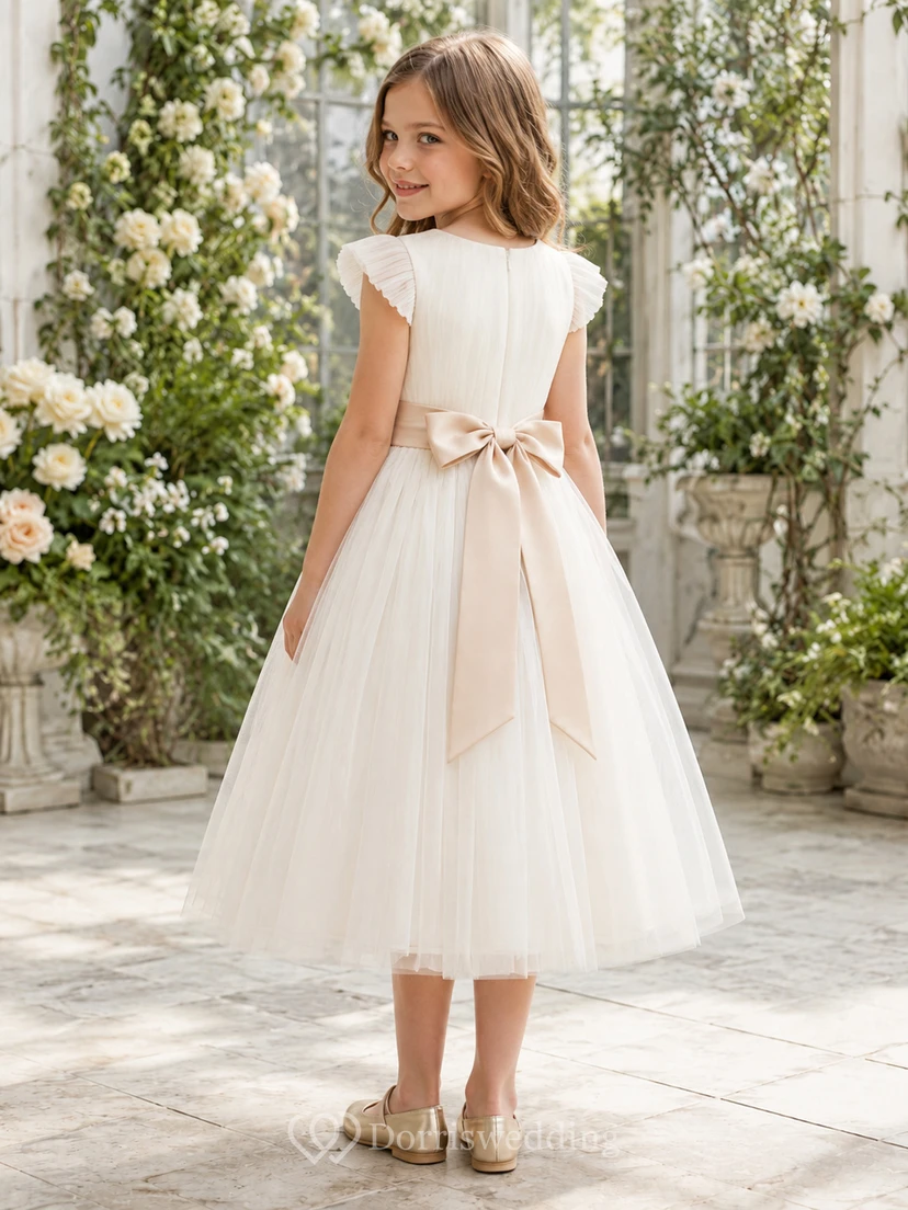 Simple Tea-Length A-Line Garden Flower Girl Satin Tulle Bow Pleated Jewel Neck Dress view 2
