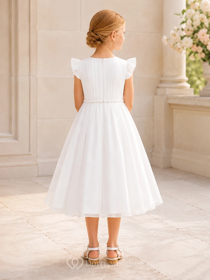 Simple Tulle A-Line Flower Girl Dress with Jewel Neck, Tea-Length Skirt and Pleated Skirt view 2
