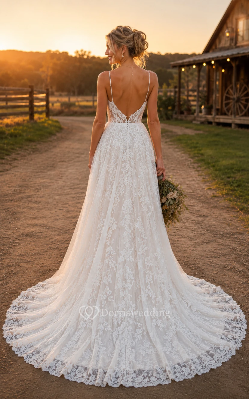 Boho Spaghetti Strap A-Line Lace Country Wedding Dress with Full Tulle Train view 2