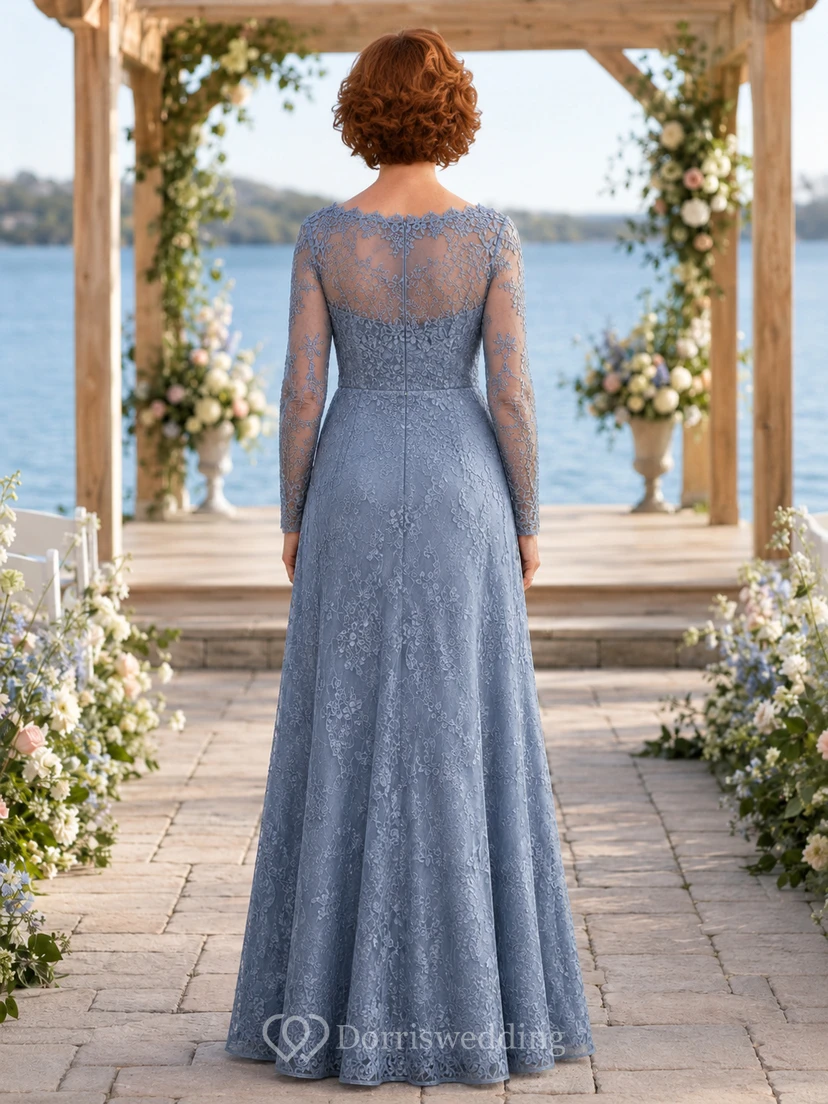 Dusty blue long sleeve lace A line mother formal gown view 2